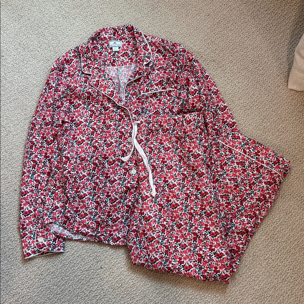 Floral Red Cotton Pajama Set with White Piping